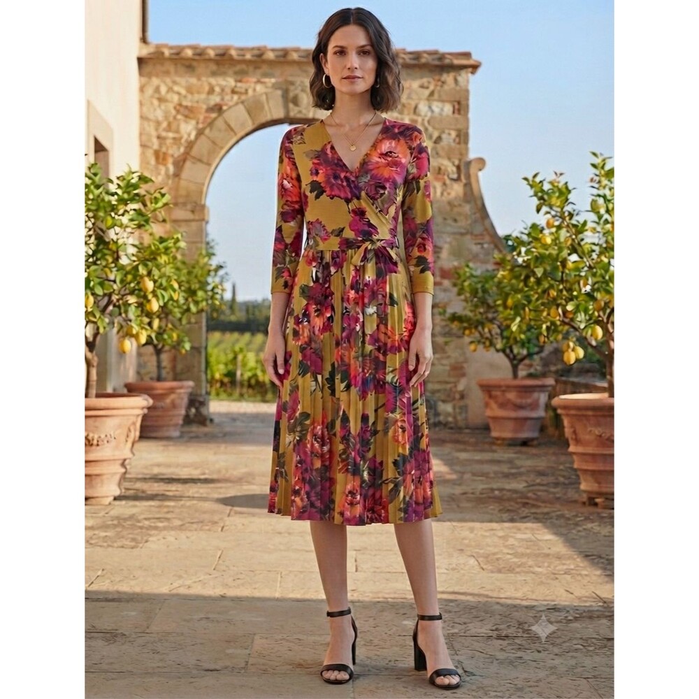 Maggy London Floral Wrap V-Neck Long Sleeve Pleated Midi Dress